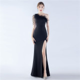 Women Elegant Beaded Ostrich Feather Satin Formal Party Maxi Evening Dress