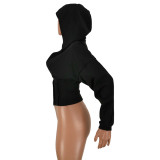 Women Sexy Elastic Waist Loose Hooded Zipper Top