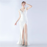 Women Elegant Beading Slit Formal Party Evening Dress