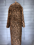Women Leopard Turndown Collar Furry Long Coat