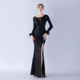 Women Elegant Ostrich Feather Long Sleeve Sequined Formal Party Evening Dress