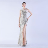 Women Elegant Beaded Ostrich Feather Slash Shoulder One Shoulder Formal Party Evening Dress