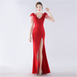 Women Elegant Beading Slit Formal Party Evening Dress