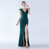 Women Elegant Beading Slit Formal Party Evening Dress