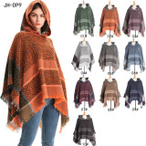 Women herringbone pattern hooded shawl cloak
