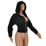 Women Sexy Elastic Waist Loose Hooded Zipper Top