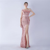 Women Elegant Beaded Ostrich Feather Slash Shoulder One Shoulder Formal Party Evening Dress