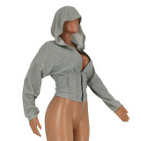 Women Sexy Elastic Waist Loose Hooded Zipper Top