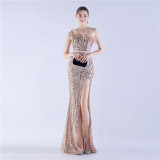 Women Elegant Beaded Ostrich Feather Slash Shoulder One Shoulder Formal Party Evening Dress