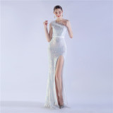 Women Elegant Beaded Ostrich Feather Slash Shoulder One Shoulder Formal Party Evening Dress