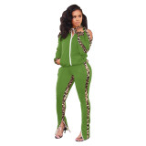 Women off-shoulder sports leopard print Patchwork contrast top and pant two-piece set