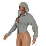 Women Sexy Elastic Waist Loose Hooded Zipper Top