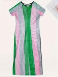Plus Size Women Short Sleeve Striped Mesh Slit Dress