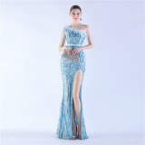 Women Elegant Beaded Ostrich Feather Slash Shoulder One Shoulder Formal Party Evening Dress