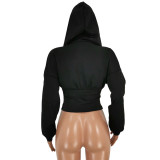 Women Sexy Elastic Waist Loose Hooded Zipper Top