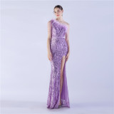 Women Elegant Beaded Ostrich Feather Slash Shoulder One Shoulder Formal Party Evening Dress