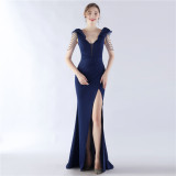 Women Elegant Beading Slit Formal Party Evening Dress