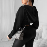 Women Sexy Elastic Waist Loose Hooded Zipper Top