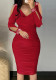 Women Gathered Long Sleeve Beaded Bodycon Dress