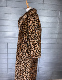 Women Leopard Turndown Collar Furry Long Coat
