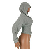 Women Sexy Elastic Waist Loose Hooded Zipper Top
