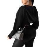 Women Sexy Elastic Waist Loose Hooded Zipper Top