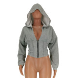 Women Sexy Elastic Waist Loose Hooded Zipper Top
