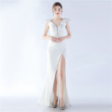 Women Elegant Beading Slit Formal Party Evening Dress