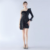 Women Elegant Ostrich Feather Formal Party Mini Evening Dress