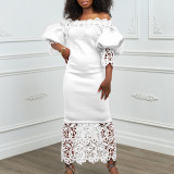 Women's Clothing Off Shoulder Lace Patchwork Puff Sleeve Formal Party Evening Dress
