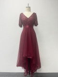 Elastic waist Mesh Patchwork elegant v-neck ruffled short-sleeved evening dress