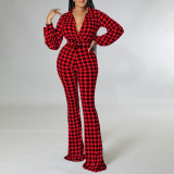 Women's Autumn and Winter V-neck Puff Sleeve Slim Waist Printed Wide Leg Plus Size African Jumpsuit