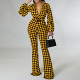 Women's Autumn and Winter V-neck Puff Sleeve Slim Waist Printed Wide Leg Plus Size African Jumpsuit