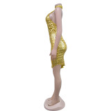 Fashion Women's Solid Color Sleeveless Low Back Halter Neck club Dress