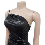 Fashion Women's Solid Color Sexy Slash Shoulder Pleated Dress