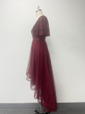 Elastic waist Mesh Patchwork elegant v-neck ruffled short-sleeved evening dress