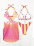 Stripe Gradient Heart Print Mesh Skirt Bikini Three-Piece Swimsuit