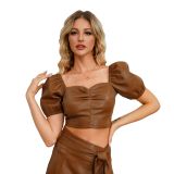 Women's Low Back Versatile Slim Fit Sexy Crop Short Sleeve  Leather Top