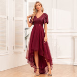 Elastic waist Mesh Patchwork elegant v-neck ruffled short-sleeved evening dress