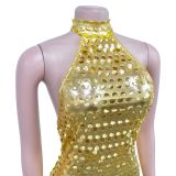 Fashion Women's Solid Color Sleeveless Low Back Halter Neck club Dress