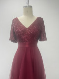 Elastic waist Mesh Patchwork elegant v-neck ruffled short-sleeved evening dress