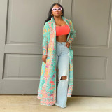 Pleated Printed Plus Size Long Jacket for Women