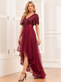 Elastic waist Mesh Patchwork elegant v-neck ruffled short-sleeved evening dress