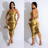 Fashion Women's Solid Color Sexy Slash Shoulder Pleated Dress