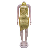 Fashion Women's Solid Color Sleeveless Low Back Halter Neck club Dress