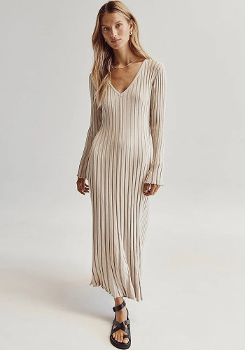 Spring Summer knitting dress Casual Slim Waist V-neck Ribbed Slim Fit Knitting long dress for women