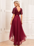 Elastic waist Mesh Patchwork elegant v-neck ruffled short-sleeved evening dress
