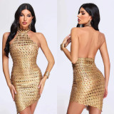 Fashion Women's Solid Color Sleeveless Low Back Halter Neck club Dress