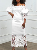 Women's Clothing Off Shoulder Lace Patchwork Puff Sleeve Formal Party Evening Dress