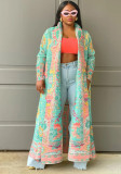 Pleated Printed Plus Size Long Jacket for Women